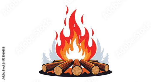 Large glowing campfire with bright red and orange flames burns over a circle of wooden logs against a background of pine trees in a flat vector style.