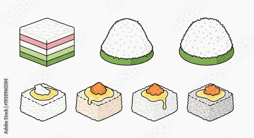 Illustration of various sushi types and preparation stages from different viewpoints showcasing food texture and presentation