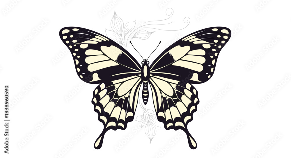 Obraz premium Beautiful monarch butterfly with detailed black and cream wing patterns rests against a light floral background in an elegant nature illustration.