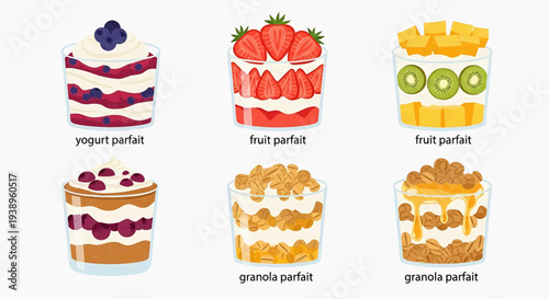 Assorted Desserts and Parfait Illustrations Featuring Fruit and Granola