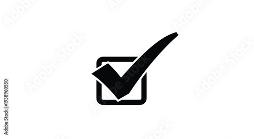 Bold black checkmark symbol is placed inside a square box representing completion, approval, or a successful task in a simple and iconic line art.