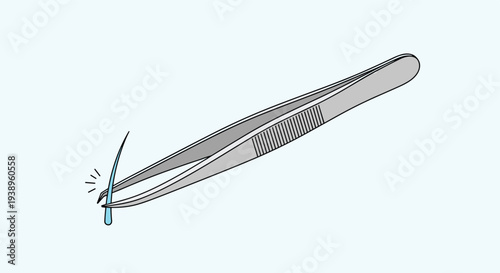 Pair of metal tweezers carefully plucking a single blue hair is shown against a soft light blue background in a clean and detailed vector illustration.