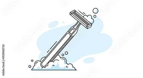 Modern plastic safety razor for shaving is surrounded by soft blue water splashes and white soap bubbles in a clean and hygienic vector illustration.
