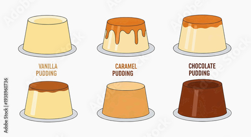 Assorted puddings including vanilla, caramel, and chocolate on plates, depicted in a graphic illustration from a top-down viewpoint
