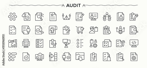 Audit linear icon collection. Magnify icon set. Modern vector UI icons. Featuring document, magnify, assessment, graph, check, inspect, research and more. Editable vector stroke.