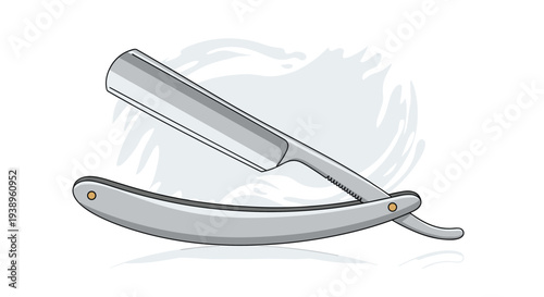 Classic metal straight razor for professional shaving is partially open displaying its sharp steel blade in a detailed and clean vector illustration.