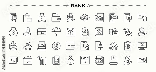 Bank icon set. Includes thin line symbols exchange, banking, wealth, finance, pay and more. Currency vector icon set. Minimalist icons collection. Signs for web and mobile app.
