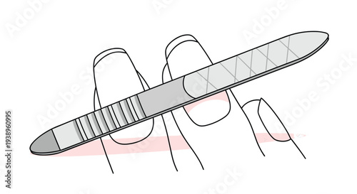Professional manicure nail file tool being used on a long fingernail for grooming and beauty care in a simple flat illustration style.