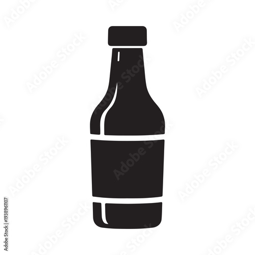 Simple black silhouette of a bottle with a cap and label on a white background