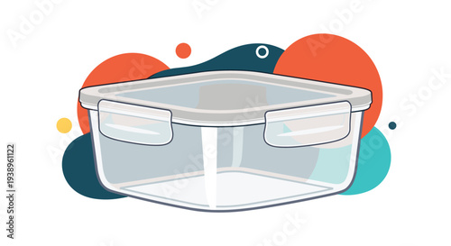 Transparent plastic food storage container with a secure lid shown against a colorful abstract background for kitchen organization themes.