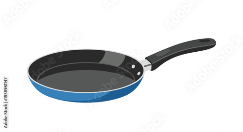 Blue non stick frying pan with a black handle shown at an angle for culinary, cooking, and kitchenware product advertisement concepts.