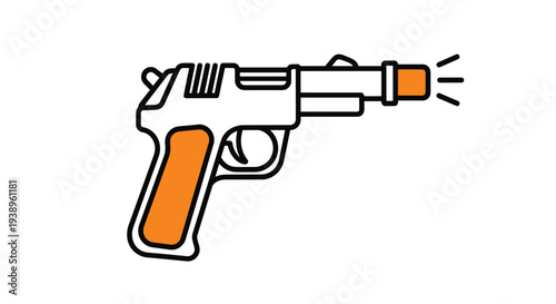 Toy gun with an orange safety tip and grip shown in a simple outline illustration style representing childhood play and fun toys.