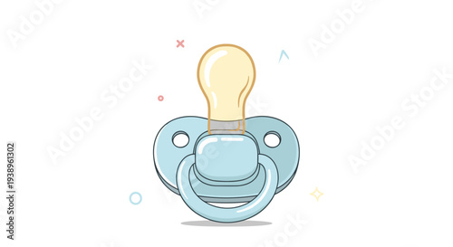Blue baby pacifier with a clear nipple and a handle shown in a colorful vector illustration for infant care and nursery themes.
