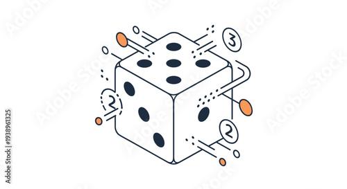 Isometric drawing of a white die with black dots and lines showing movement and numbers representing gaming, chance, and probability.