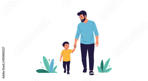 Father and young son walking together hand in hand representing family bonding, parenting, and childhood development in a flat style.