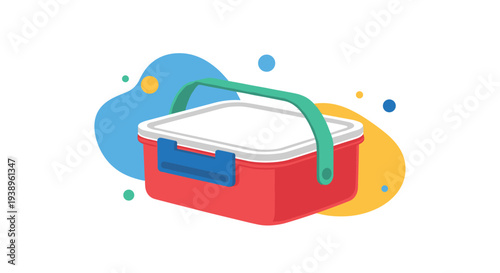 Red insulated lunch box with a green handle shown against a colorful abstract background for school, work, and meal storage themes.
