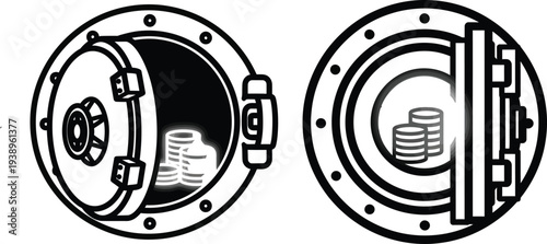 Vault door and stack of coins illustration