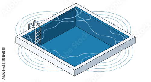 Isometric view of a rectangular outdoor swimming pool with blue water and a ladder representing leisure, summer, and sports facilities.