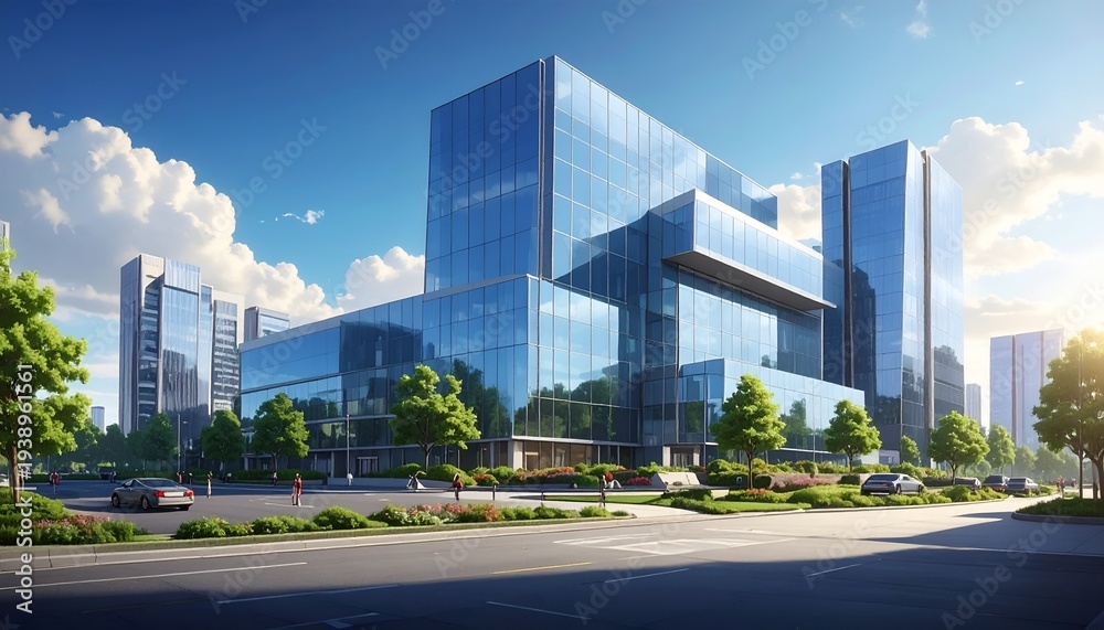 Fototapeta premium Modern glass office buildings under a clear blue sky with fluffy clouds