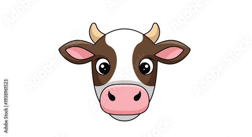 Cute cartoon cow face with big eyes and small horns shown in a friendly illustration style representing farm animals and agriculture.