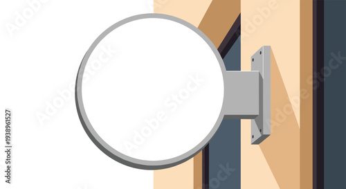 Round blank white sign mounted on a building wall representing shop frontage, signage, advertising, and branding identification.