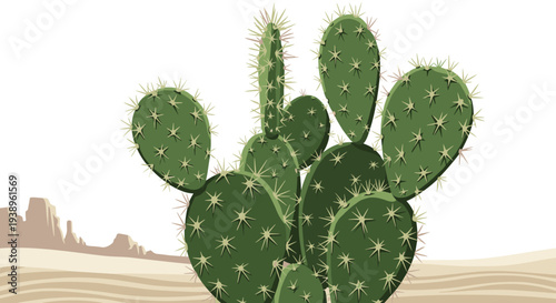 Prickly pear cactus with large flat green pads and sharp spines growing in a desert landscape with distant mountains and sand.