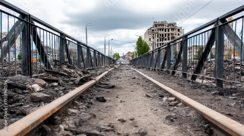 A desolate scene of a bridge with damaged tracks leading towards a crumbling building