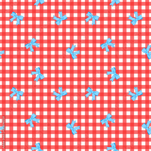 Coquette Blue Ribbon Bow on Red Gingham Pattern Hand Drawn Vintage Aesthetic Repeating Background for Textile and Gift Wrap