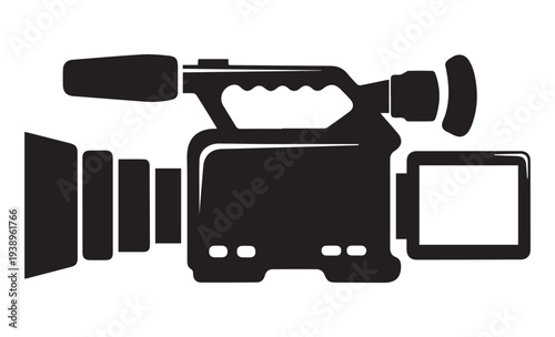 Black silhouette of a vintage film camera on a tripod against a white background vintage camera movie camera.