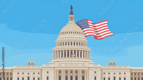 United states capitol building illustration with american flag waving proudly in clear blue sky