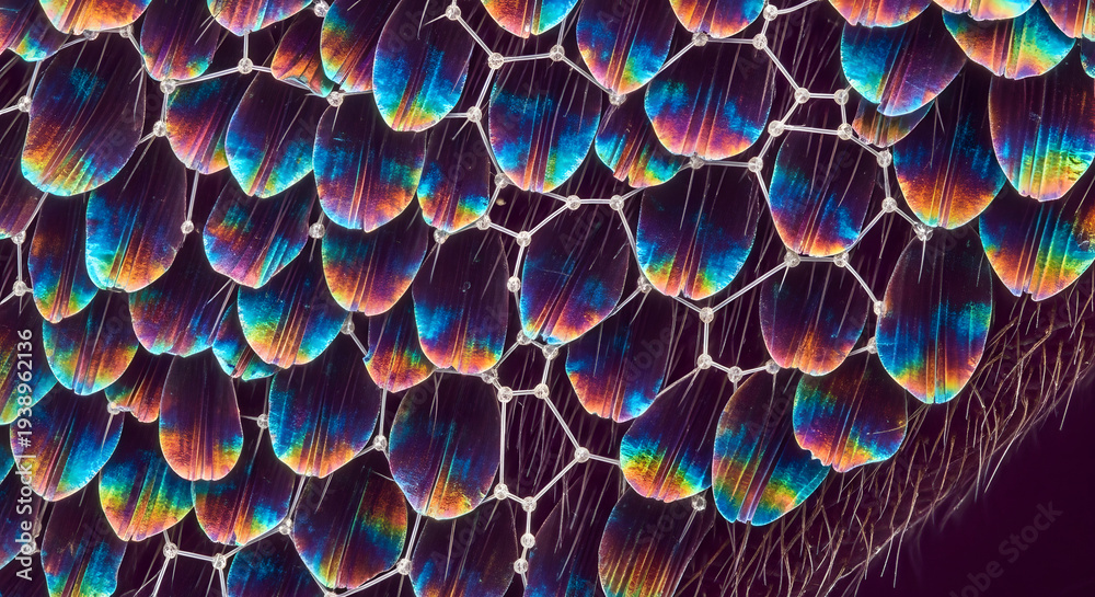 Naklejka premium Intricate macro photography reveals the iridescent rainbow scales of a butterfly wing displaying a mesmerizing spectrum of vibrant colors and delicate patterns