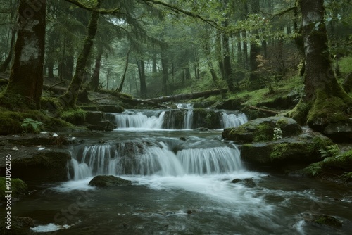 A serene forest stream cascades over moss-covered rocks in a lush, green woodland setting.
