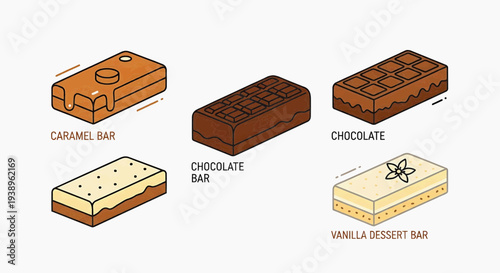 Assorted dessert bars including caramel, chocolate, and vanilla varieties displayed on a clean background from a straightforward viewpoint