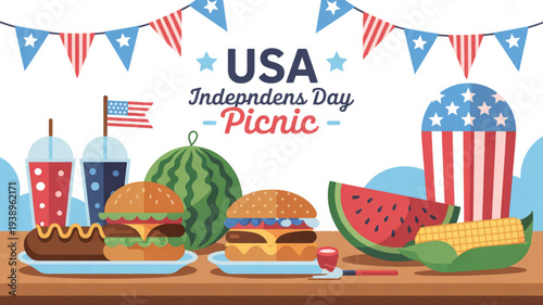 Usa independence day picnic illustration with patriotic decorations burgers watermelon and corn on a wooden table