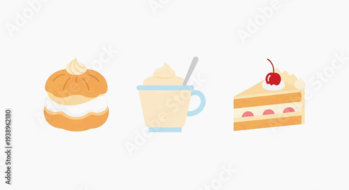 A digital illustration featuring a dessert, coffee, and cake from a frontal viewpoint.