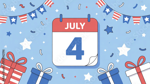 Independence day celebration with calendar showing july 4th gift boxes and patriotic decorations including stars and bunting on blue background