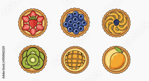 Assorted fruit tarts displayed on a clean white surface, showcasing a variety of toppings and designs from a direct overhead viewpoint, referencing img_0uzk6u_fx.svg for styling.
