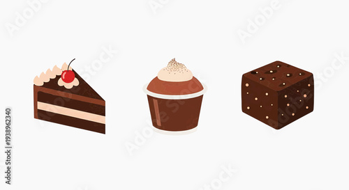 Assorted desserts including cake slice, cupcake, and chocolate cube on a transparent background, viewed from the front