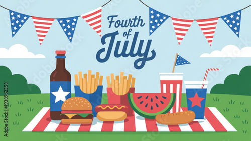 Fourth of july picnic setup with patriotic food drinks and decorations on a red white and blue checkered blanket outdoors