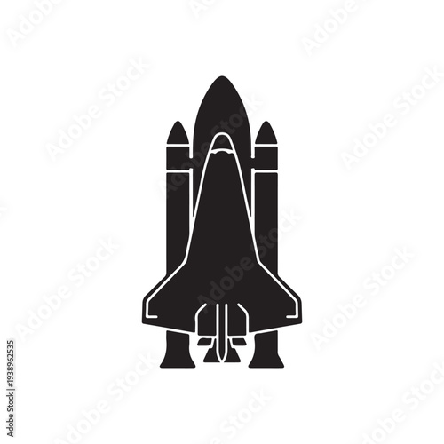 Space shuttle icon in black color  spacecraft illustration with white outline  rocket ship symbol  space exploration graphic