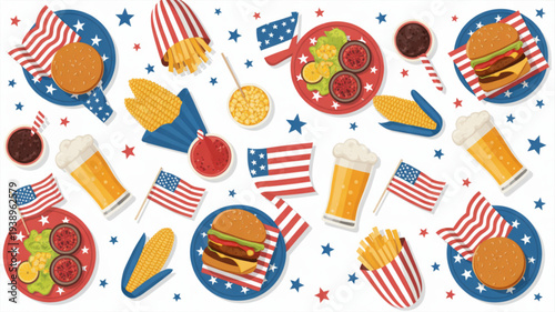 Patriotic american food and drink illustrations set with flags stars and festive elements on a white background