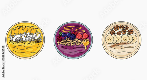 Three circular illustrations of food items, including yogurt parfait, fruit bowl, and oatmeal with nuts, displayed from different viewpoints.