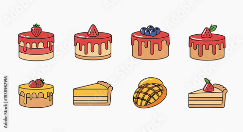 Assorted cakes and pastries displayed on a clean white background from a straight-on viewpoint featuring various sweet treats