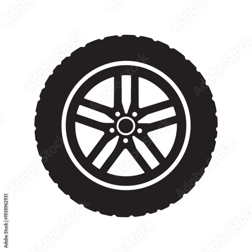 Tire with wheel rim isolated on white background for automotive or transportation related concepts and designs  simple black and white icon