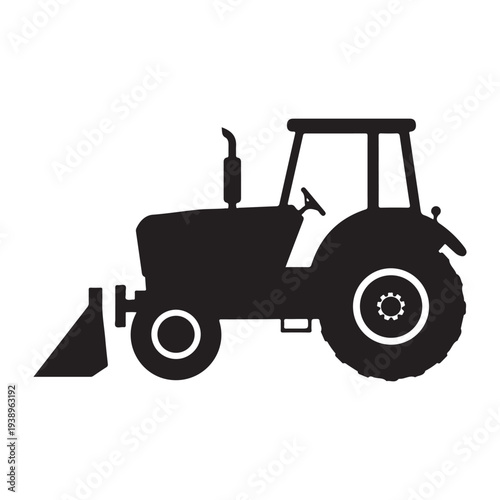 Tractor silhouette with front loader isolated on white background for design and illustration purposes in agriculture and construction contexts