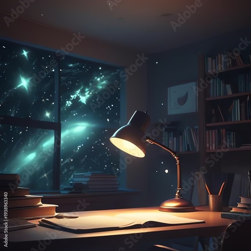 books and lamp on the table
