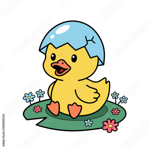 Cute duckling hatches from blue eggshell on green lily pad with flowers