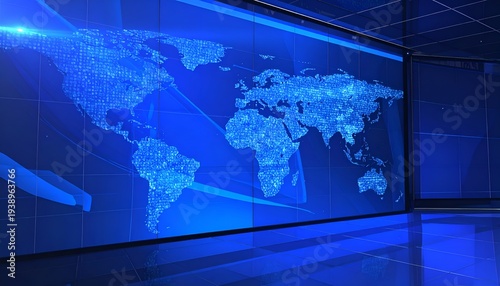 Digital world map displayed on a large screen in a modern studio