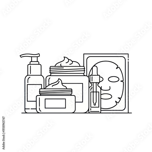 Collection of minimalist line art skincare products for beauty routine
