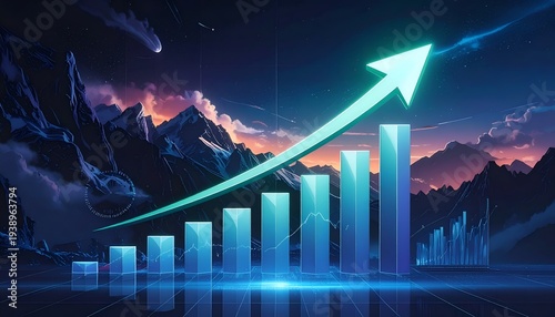 Upward trending financial graph against a dramatic mountain landscape